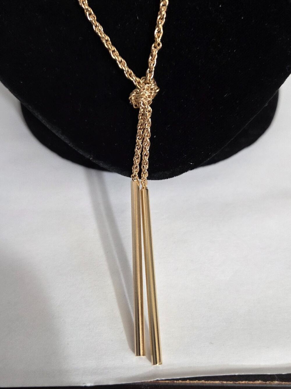 Gold Tone Rope Chain Knot Y Necklace with Long Bar Drops #AEN14